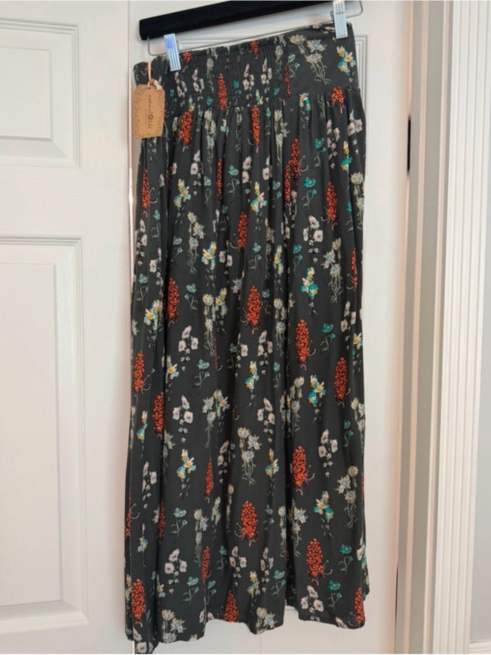 NATURAL LIFE Dark Gray Maxi Skirt with Red & Teal Floral Print NWT